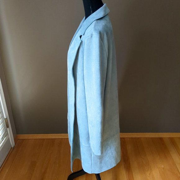[SOLD] Zara Open Front Duster Jacket Faux Suede Blazer Trench Coat Pastel Blue - Picture 8 of 16